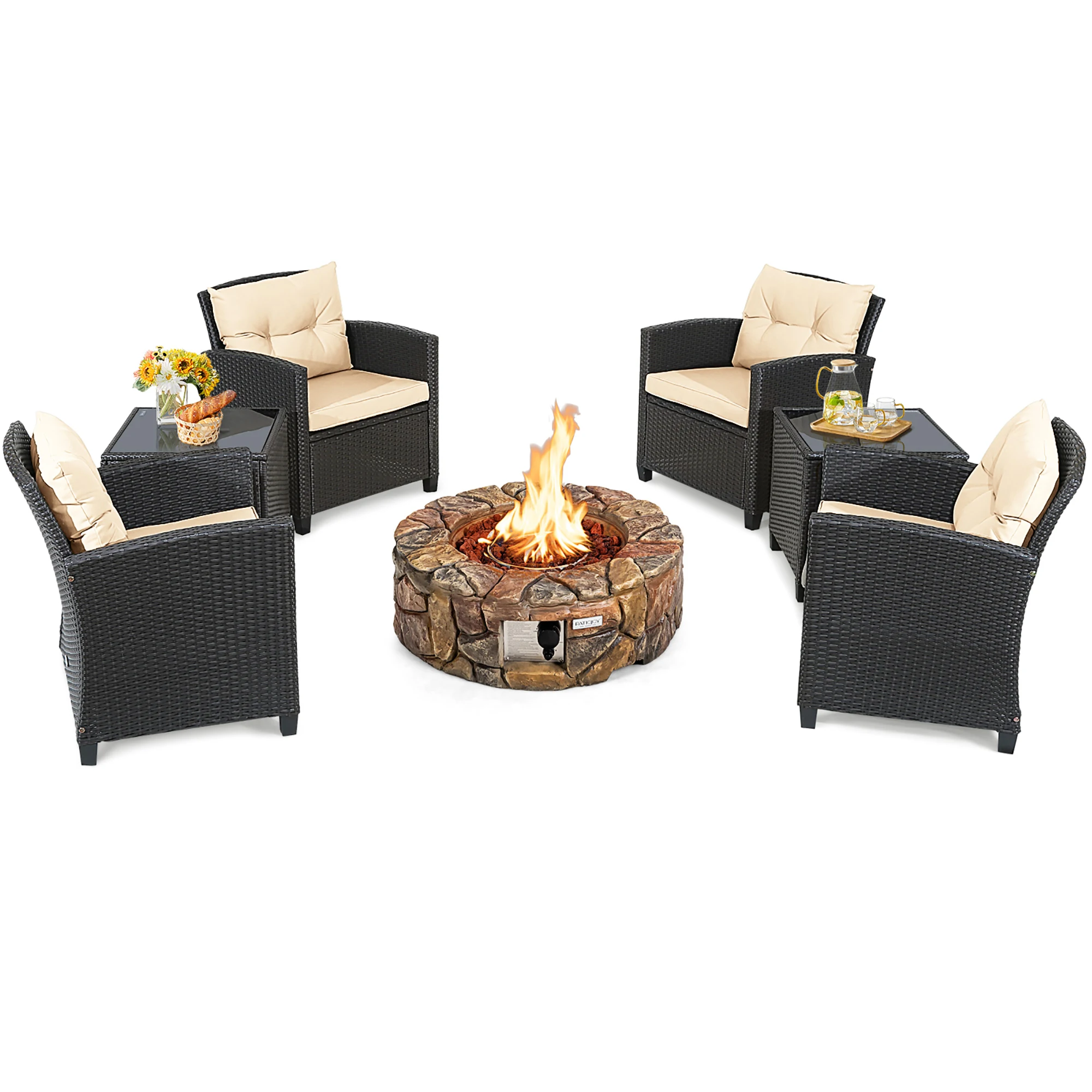 7PCS Patio Rattan Furniture Set Gas Fire Pit Table Sofa Cushion 2